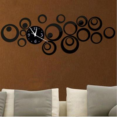 Wandklok 3D driedimensionaal acryl mode spiegel muur stickers klok DIY cirkel combinatie decoratieve klok (zwart)