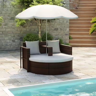 Tuinbed met parasol poly rattan bruin
