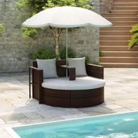 Tuinbed met parasol poly rattan bruin - thumbnail