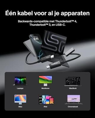 Belkin USB-C Thunderbolt 5 Kabel met 240 W Power Delivery, Bandwidth Boost tot 120 Gbps, 3x snellere gegevensoverdracht, en 4K UHD -resoluties, 1 m - Intel-gecertificeerd, snelle USB C kabel - zwart
