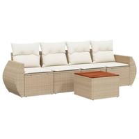 5-delige Loungeset met kussens poly rattan beige - thumbnail
