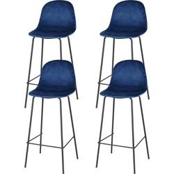 Trendy Velvet Barkruk met Metalen poten - Velvet Blauw - Luxe uitstraling - Set van 4 stuks - Trendy - Modern - Zithoogte 76cm - 106x42x44cm