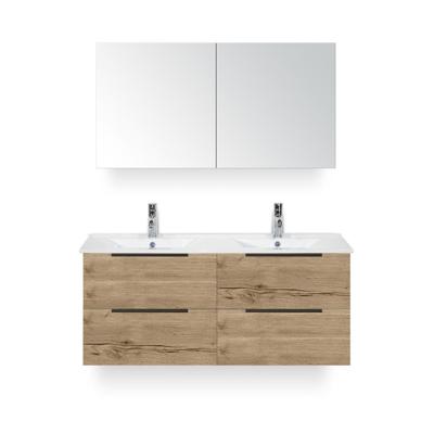 Seville Badmeubelset 120 cm - 4 laden Natuur Eik Edge - Wastafel Enjoy Dubbel - met Spiegelkast