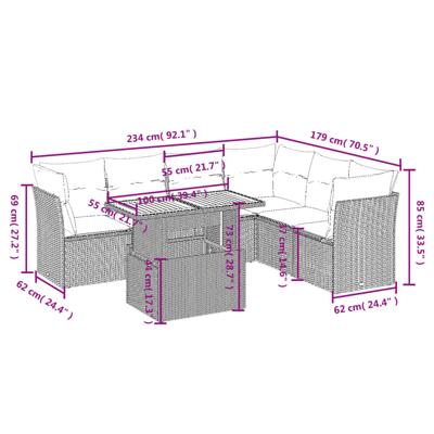 7-delige Loungeset met kussens poly rattan beige - thumbnail