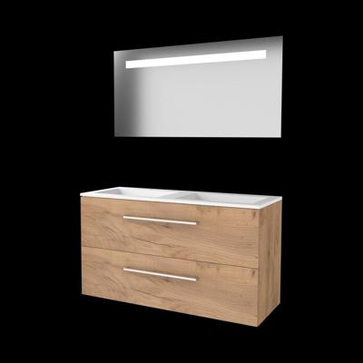 Basic-Line Economic 46 Badkamermeubelset - 120 x 46 cm - Met Grepen - 2 Lades - Acryl Wastafel - Zonder Kraangat - Spiegel met LED Verlichting - Whisky Oak