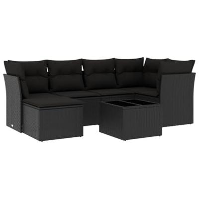 7-delige Loungeset met kussens poly rattan zwart