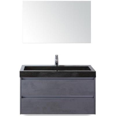 Dante Badmeubelset 100 cm - Beton Antraciet - Wastafel Hardsteen Wit Lucca met Spiegel