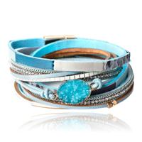 Blauwe leren dames armband Bohemian stijl met steen - thumbnail