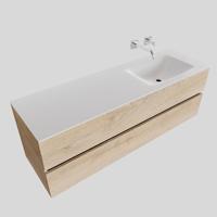 Badkamermeubel Hugo Hangend 150x50x45cm MDF Wood Washed Oak Solid Surface Wastafel Geen Kraangaten Rechts met 2 Lades - thumbnail