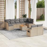 10-delige Loungeset met kussens poly rattan gemengd beige - thumbnail