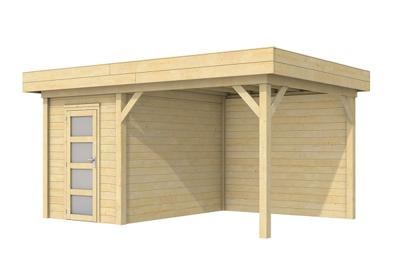 Woodvision Kiekendief blokhut 200x300 cm + overkapping 300 cm vuren blank- Plat dak- Onbehandeld vurenhout- Woodvision