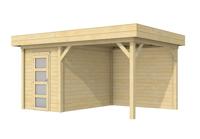 Woodvision Kiekendief blokhut 200x300 cm + overkapping 300 cm vuren blank- Plat dak- Onbehandeld vurenhout- Woodvision - thumbnail