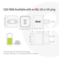 club3D CAC-1909EU Laptop netvoeding 45 W 2x USB-C USB PD Zwart Binnen - thumbnail