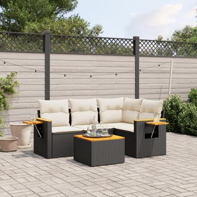 5-delige Loungeset met kussens poly rattan zwart