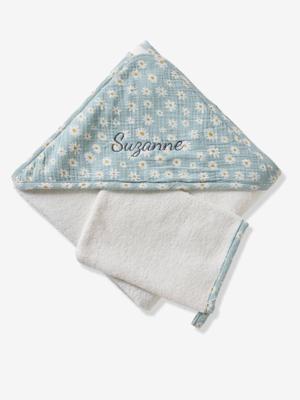 Badcape van katoengaas, personaliseerbaar, en washandje MARGUERITE blauw, bedrukt Badcape van katoengaas, personaliseerbaar, en washandje MARGUERITE blauw, bedrukt
