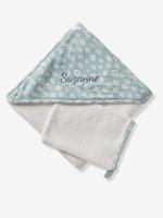 Badcape van katoengaas, personaliseerbaar, en washandje MARGUERITE blauw, bedrukt - thumbnail