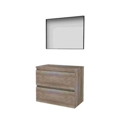 Basic-Line Framed 46 Badkamermeubelset - 80 x 46 cm - Greeploos - 2 Lades - Wastafelblad - Spiegel met Zwart Aluminium Frame - Scotch Oak