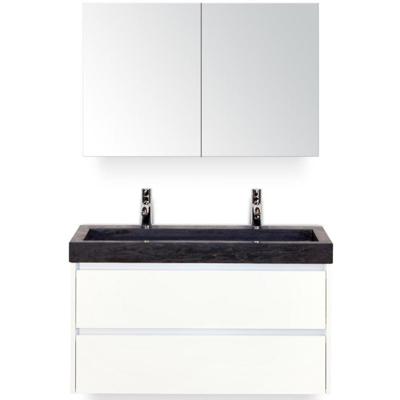 Dante Badmeubelset 100 cm - Wit Hoogglans - Wastafel Hardsteen Wit Lucca 2 Kraangaten met Spiegelkast
