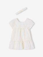 Feestelijke set met gestreepte jurk met glinsterdraad + bijpassend hoofdband voor baby wit, gestreept - thumbnail