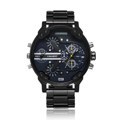 CAGARNY 6820 modieuze zakelijke stijl grote Dial Dual tijd zone quartz uurwerk polshorloge met roestvrijstaal band & kalender functie voor mannen ((Bl