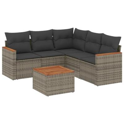 6-delige Loungeset met kussens poly rattan grijs