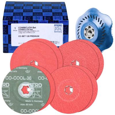 PFERD TOOLS 42098002 Combi-fiberschijfset keramische korrel Ø125mm CO-COOL 36, 60, 80, 120 met CC-H-GT-steunschijf voor roestvrij staal Diameter 125 mm