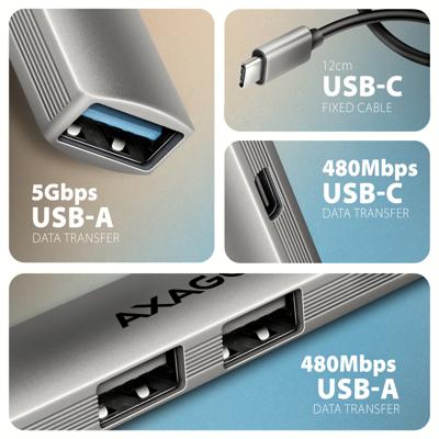 AXAGON HUE-STC USB-hub 4 poorten USB-C, USB-A 5 GBit/s Zilver AXAGON HUE-STC USB-hub 4 poorten USB-C, USB-A 5 GBit/s Zilver