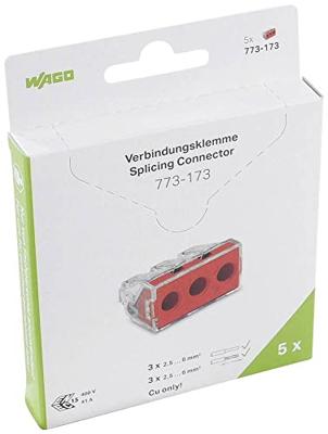 WAGO 773-173 Verbindingsklem Flexibel: - Massief: 2.5-6 mm² Aantal polen: 3 5 stuk(s) Transparant, Rood