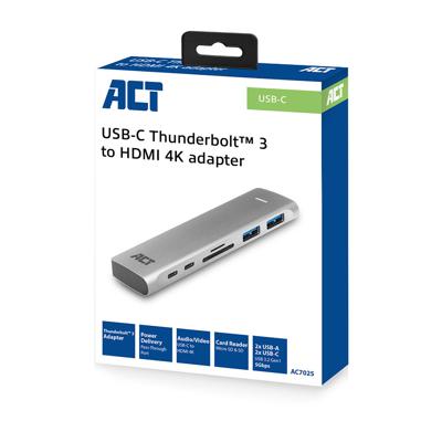 ACT USB-C Thunderbolt 3 naar HDMI female multiport adapter 4K, USB-C, 2x USB-A, cardreader, PD pass ACT USB-C Thunderbolt 3 naar HDMI female multiport adapter 4K, USB-C, 2x USB-A, cardreader, PD pass