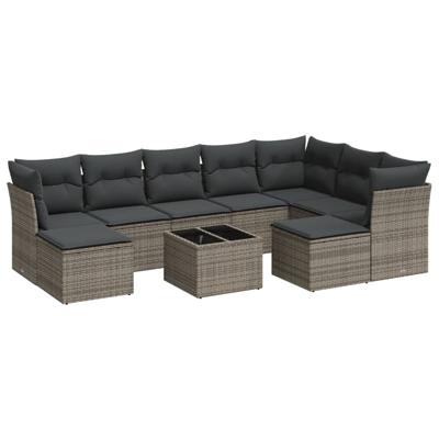 9-delige Loungeset met kussens poly rattan grijs