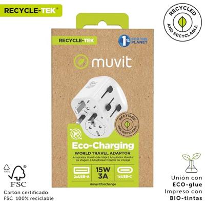 muvit for Change universele reisadapter 2 USB-A + USB-C 15 W
