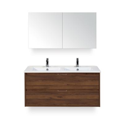 Porto Badmeubelset 120 cm - 2 laden Walnoot - Keramische Wastafel Wit Slim - met Spiegelkast
