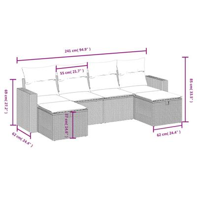 6-delige Loungeset met kussens poly rattan grijs - thumbnail