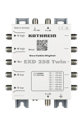 Kathrein EXD 258 Twin Satelliet multiswitch cascade unicable Ingangen (satelliet): 5 (4 satelliet / 1 terrestrisch) Aantal gebruikers: 16 Kathrein EXD 258 Twin Satelliet multiswitch cascade unicable Ingangen (satelliet): 5 (4 satelliet / 1 terrestrisch) Aantal gebruikers: 16