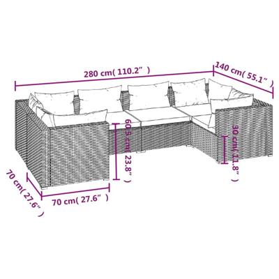 6-delige Loungeset met kussens poly rattan bruin