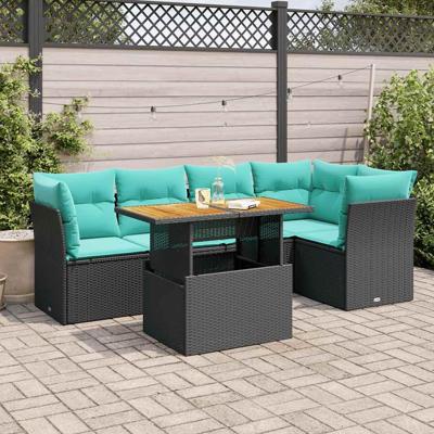 6-delige Loungeset met kussens poly rattan zwart