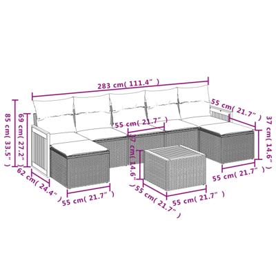 7-delige Loungeset met kussens poly rattan zwart