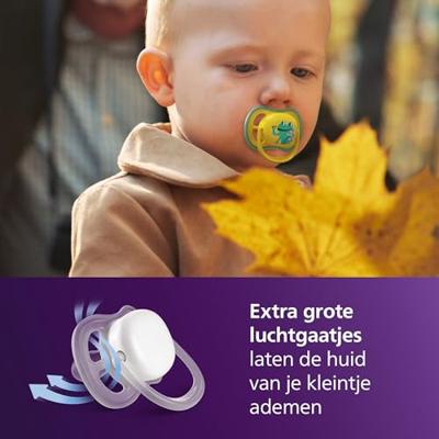 Verpakking van 4 Ultra Air fopspenen - PHILIPS AVENT - SCF087/27 - Dag en Nacht - BPA-vrij - 18 maanden en ouder - Groen/Oranje