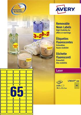 Avery afneembare neon etiketten ft 38,1 x 21,2 mm (b x h), doos van 100 blad, 6500 stuks, neongeel Avery afneembare neon etiketten ft 38,1 x 21,2 mm (b x h), doos van 100 blad, 6500 stuks, neongeel