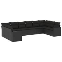 10-delige Loungeset met kussens poly rattan zwart - thumbnail