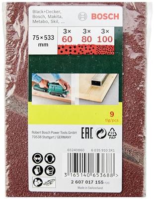 Bosch Accessories 2607017155 Schuurbandset Korrelgrootte (num) 60, 80, 100 (l x b) 533 mm x 75 mm 1 set(s)