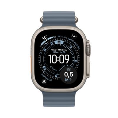 Apple Watch Ultra 3 GPS + Cellular 49 mm Premium hardloop- en multisport-smartwatch met robuuste kast van naturel titanium, ankerblauw Ocean‑bandje. Gezondheid en conditie uitgebreid bijhouden
