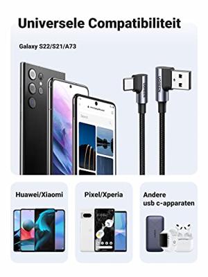 UGREEN USB Type C Kabel 90 Graden Snel Opladen Nylon Kabel Compatibel met S23 S22 Note 10 Note 9 Pro Huawei P60 iPhone 15 15 Plus 15 Pro 15 Pro Max(1M)