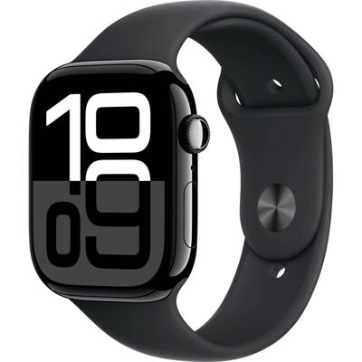 Apple Watch Series 10 (GPS 46 mm) Smartwatch - Kast van gitzwart aluminium - Zwart sportbandje (S/M). Conditie bijhouden, Ecg-app, always on Retina-display, waterbestendig