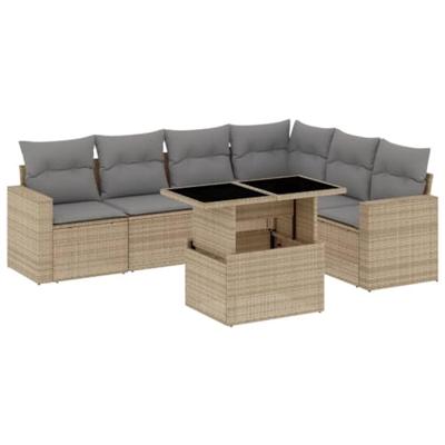 7-delige Loungeset met kussens poly rattan beige
