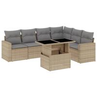 7-delige Loungeset met kussens poly rattan beige - thumbnail