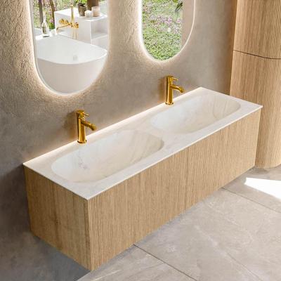 Mondiaz KURVE-DLUX 140 cm Onderkast Greeploos 2 Lades Zonder Deuren Oak, Wastafel Solid Surface Dubbel Opalo 2 Kraangaten Zonder Spiegel (KRVSTS1402L0D2KD-Oak/Opa)