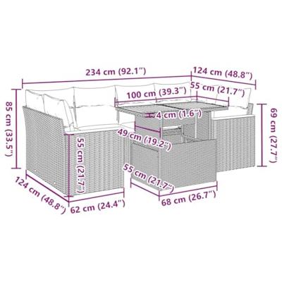 7-delige Loungeset met kussens poly rattan grijs