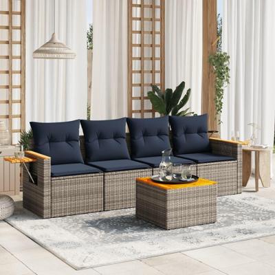 5-delige Loungeset met kussens poly rattan grijs