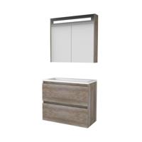 Basic-Line Premium 39 Badkamermeubelset - Ondiep - 80 x 39 cm - Greeploos - 2 Lades - Acryl Wastafel - 1 Kraangat - Spiegelkast met LED Verlichting - Scotch Oak - thumbnail